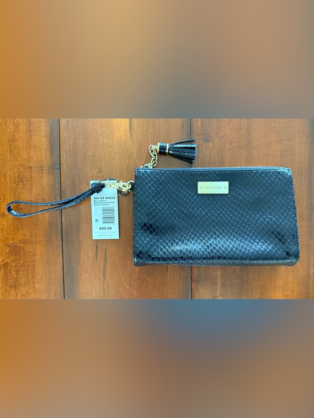 Brahmin Black Embossed Leather Wristlet with Tassel